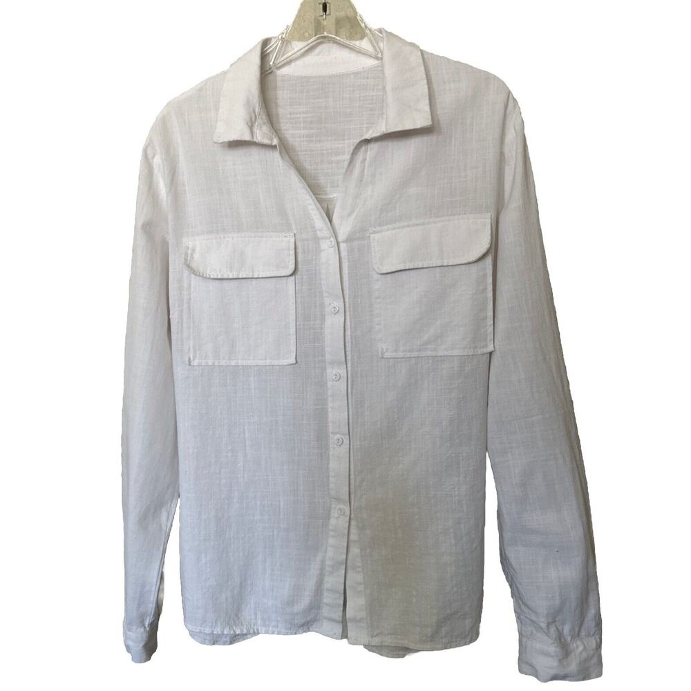 White Linen Collarless Button Shirt Roll Tab Sleeve Women’s Size XL Pock…